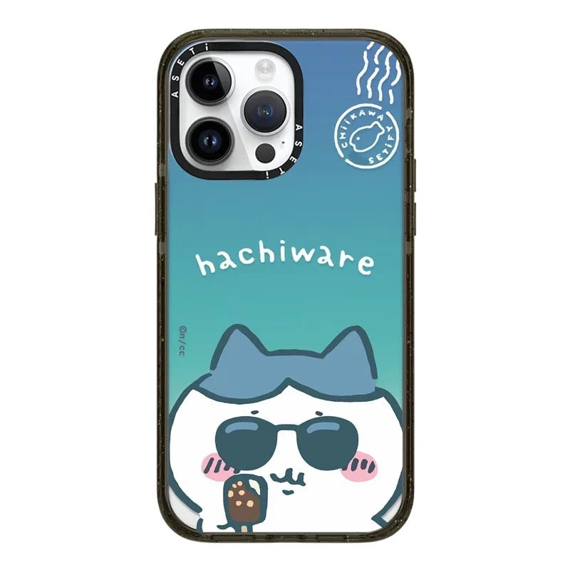 Japanese Cartoon ChiiKawa Clear with Transparent Black Frame Phone Case | ChiiKawa Hachiware Usagi Wear Sunglass and Eating Ice Cream Blue - iPhone Case 12 13 14 15 16 17 Pro Promax