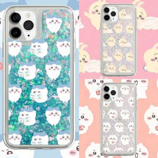 Japanese Cartoon ChiiKawa Kawaii FullScreen | Chiikawa Hachiware Usagi Glitter QuickSand - iPhone Case PLUS SE2 11 12 13 14 15 16 16e 17 17e Pro Promax 12mini 13mini
