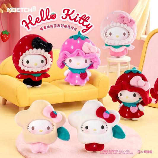 All six Hello Kitty Berry Kindergarten plush pendant designs in a strawberry-themed bedroom scene
