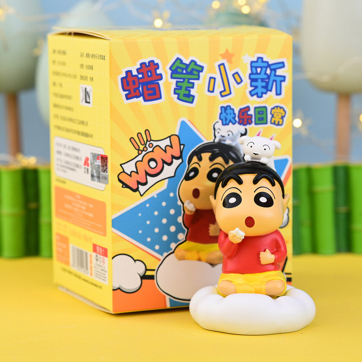 Crayon Shin-chan Time to Eat a Snack figure on a cloud eating a snack with Shiro on his head