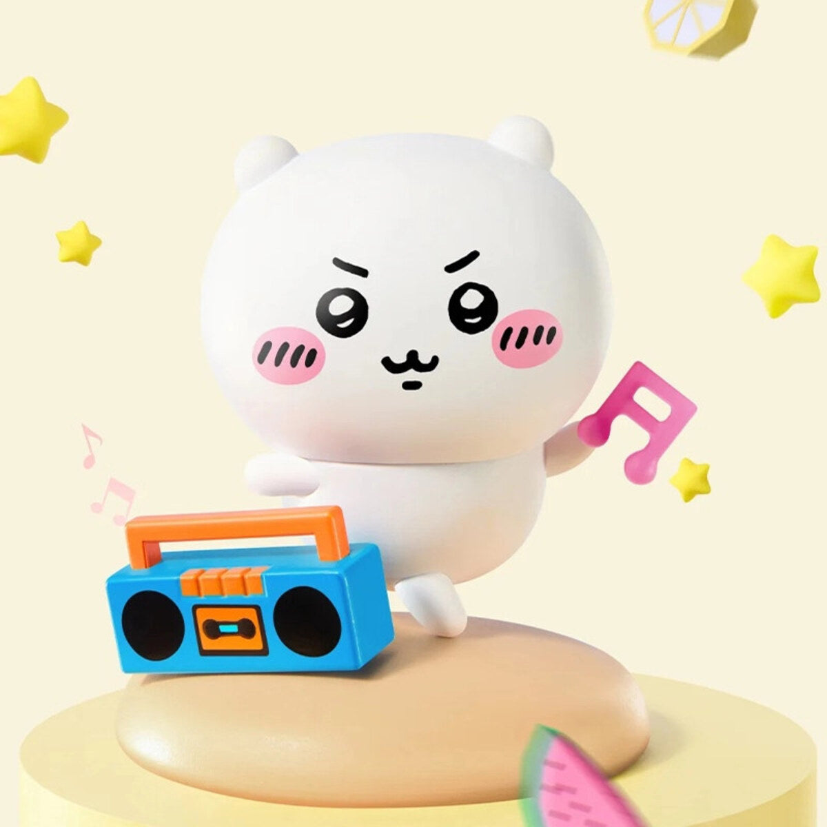 Chiikawa with a boombox figure from the MINISO Chiikawa Summer Momo Cha Series
