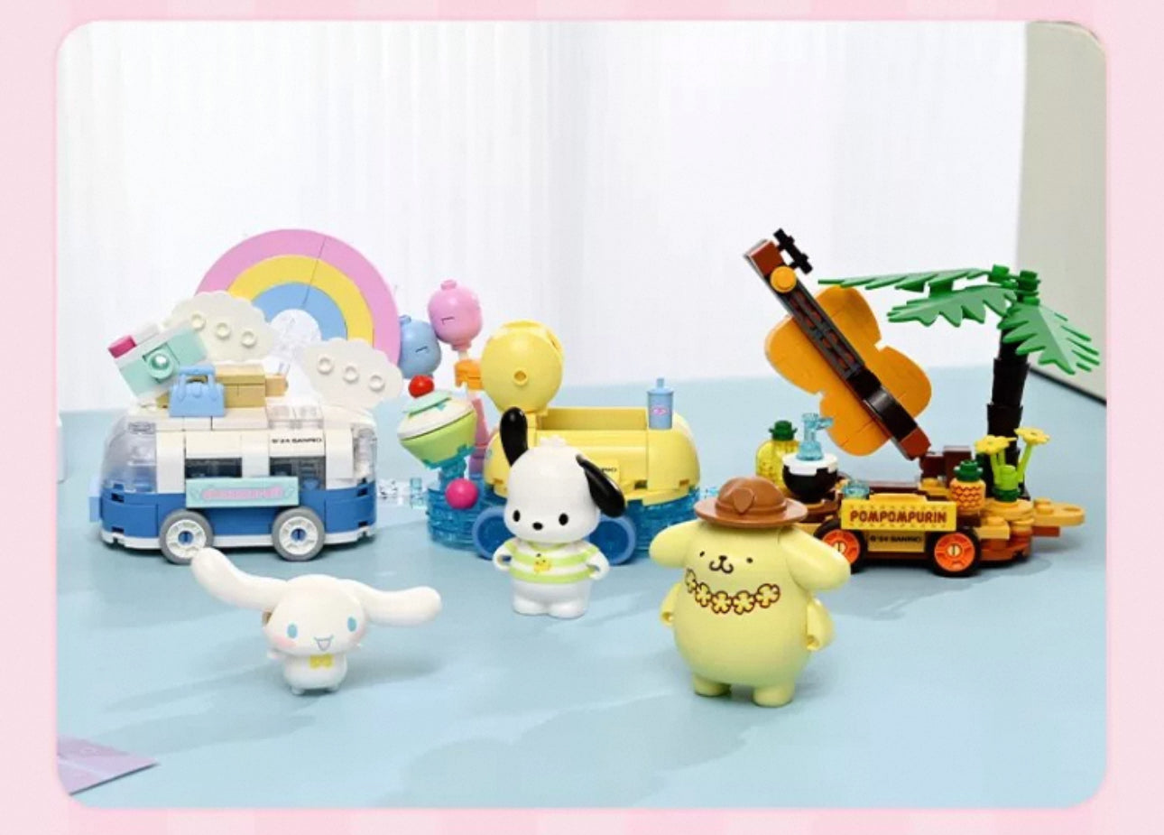 Sanrio Summer Parade of Floats | Hello Kitty My Melody Kuromi Cinnamoroll Pompompurin Pochacco - Train Car can Move Building Blocks Toy Collections KawaiiGiftLand