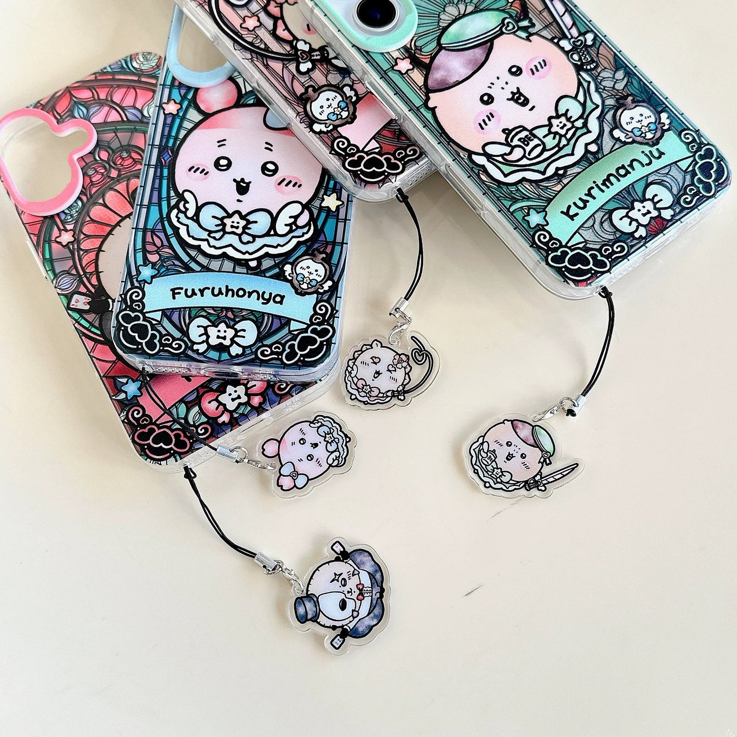 Japanese Cartoon iPhone Case with Strap | Laser Magical Girl with Glass Window Kurimanju Rakko Shisa Furuhonya Magic - iPhone Case 7 8 PLUS SE2 XS XR X 11 12 13 14 15 Pro Promax 12mini 13mini KawaiiGiftLand