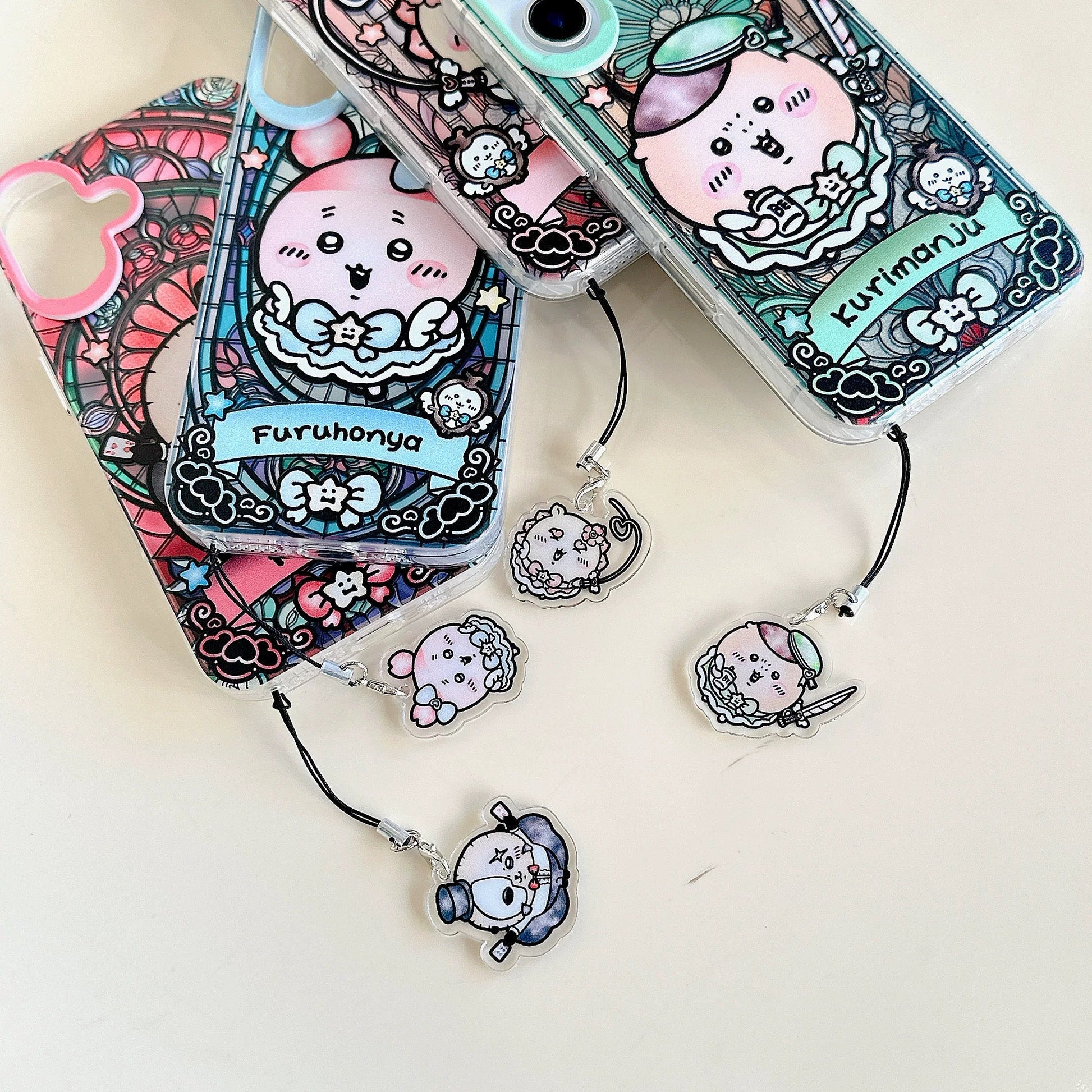 Japanese Cartoon iPhone Case with Strap | Laser Magical Girl with Glass Window Kurimanju Rakko Shisa Furuhonya Magic - iPhone Case 7 8 PLUS SE2 XS XR X 11 12 13 14 15 Pro Promax 12mini 13mini KawaiiGiftLand
