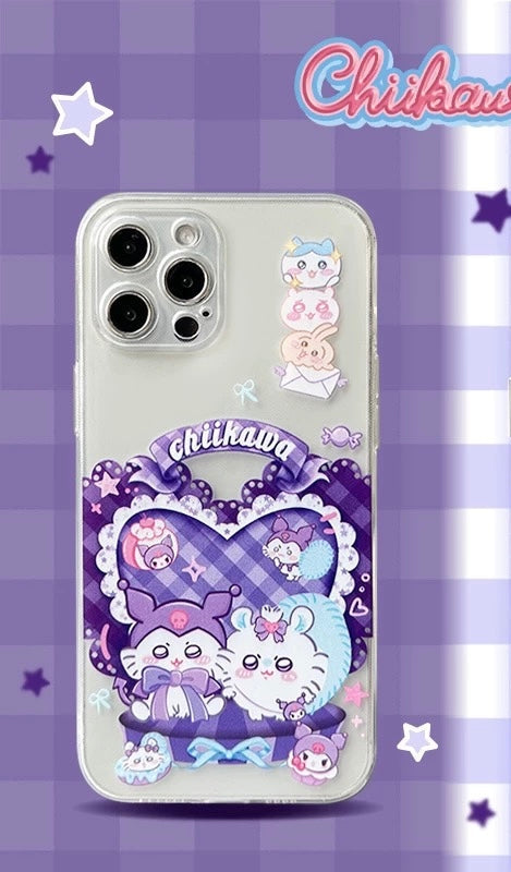 Japanese Cartoon ChiiKawa | Sweet Heart with Chiikawa My Melody Hachiware Hello Kitty Usagi Pompompurin Momonga Kuromi Clear - iPhone Case 11 12 13 14 15 16 Pro Promax KawaiiGiftLand