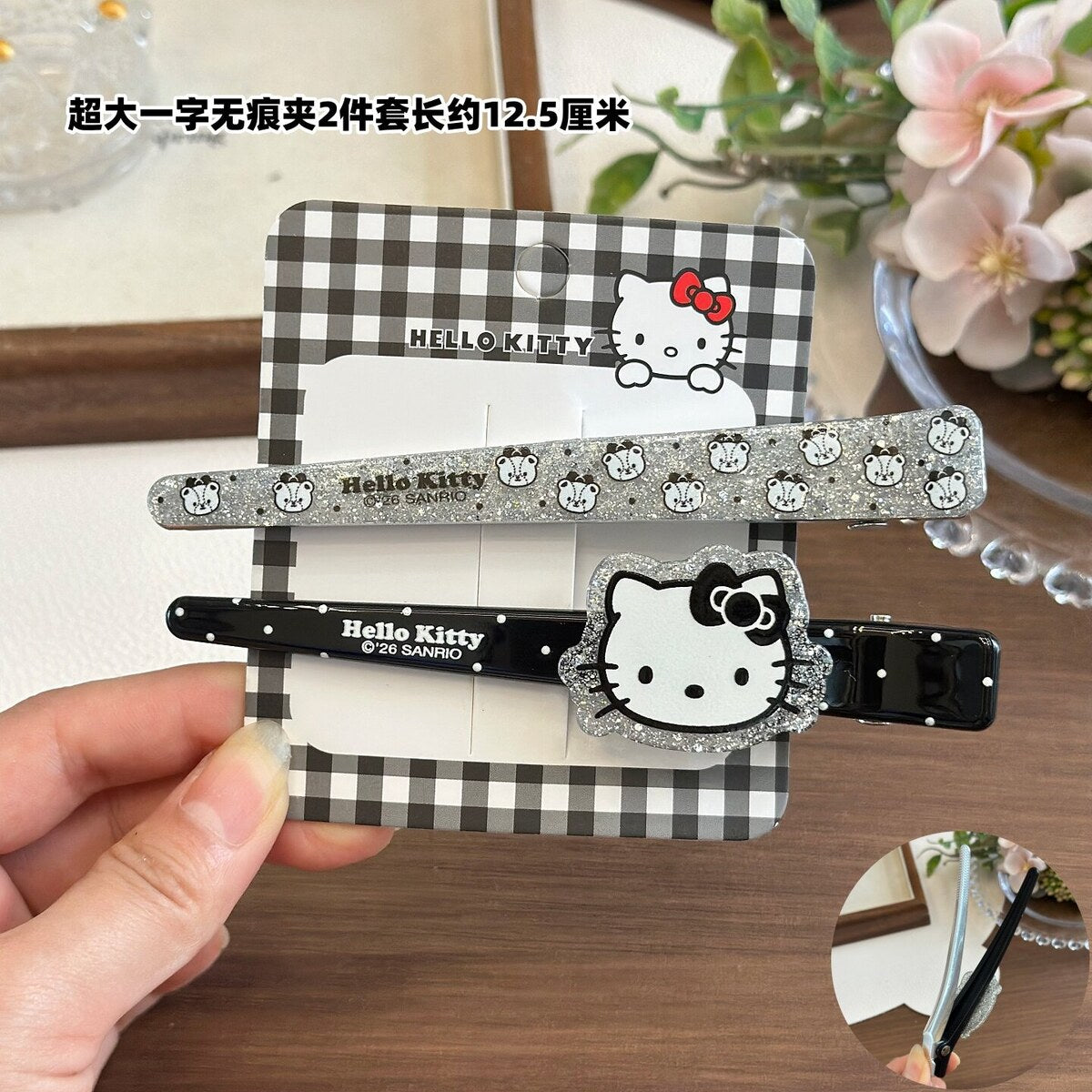 Hello Kitty Silver & Black Extra-Large No-Crease Clips 12.5cm (2-Piece Set)