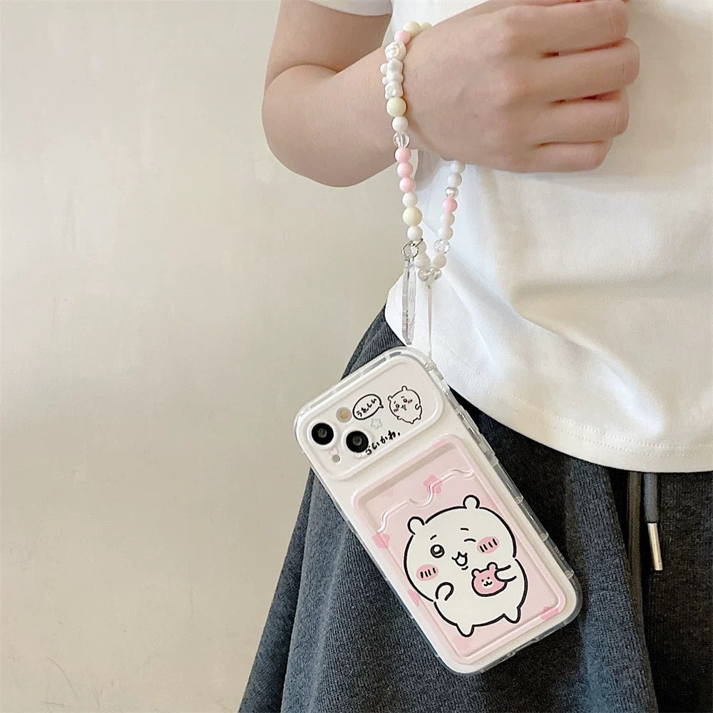 Japanese Cartoon Chiikawa | ChiiKawa Hachiware Usagi Happy Outing with Card Holder & Handle Strap - iPhone Case 11 12 13 14 15 16 17 Pro Promax