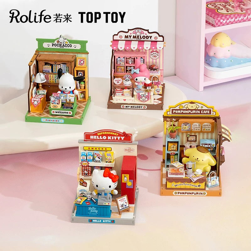 Rolife x Sanrio Character Style Shopping Street Craft Kits Set | Hello Kitty My Melody Pompompurin Pochacco - DIY Handmade Wooden Mini World Miniature Gift