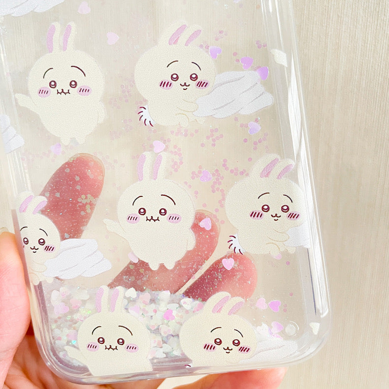 Japanese Cartoon Chiikawa Kawaii FullScreen | ChiiKawa Hachiware Usagi Glitter QuickSand iPhone Case 6 7 8 PLUS SE2 XS XR X 11 12 13 14 15 16 Pro Promax 12mini 13mini KawaiiGiftLand