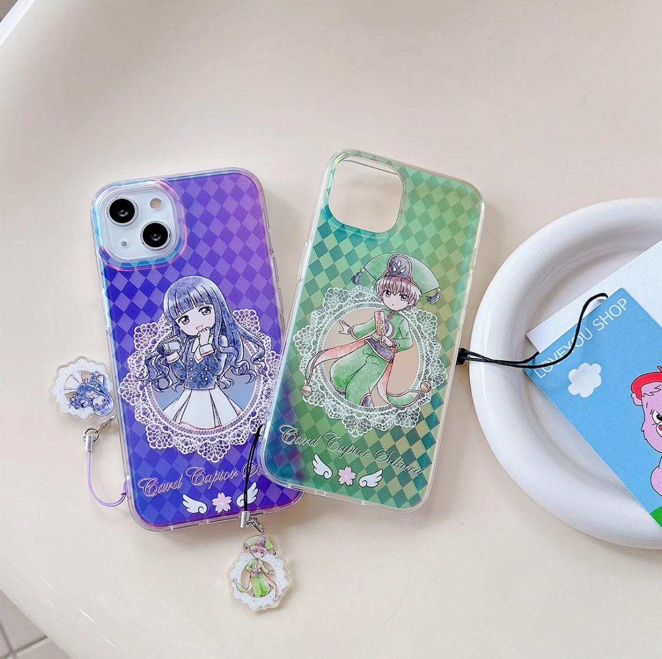 Japanese Cartoon CardCaptorSakura Phone Case with Strap | Laser Sakura Syaoran Tomoyo - iPhone Case PLUS SE2 XS XR X 11 12 13 14 15 Pro Promax 12mini 13mini