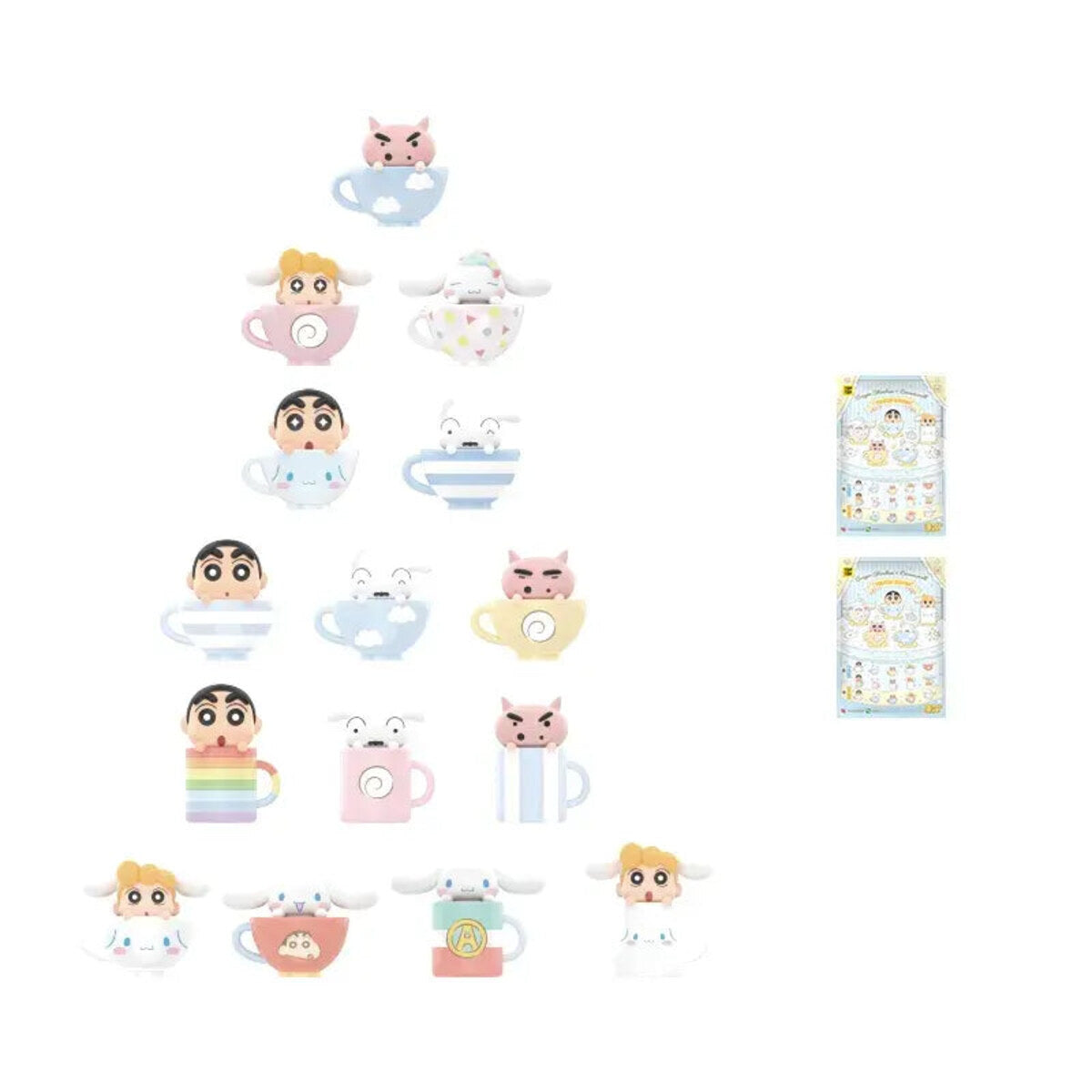 All Crayon Shin-chan x Cinnamoroll Teacup Series teacup and mug mini figures lined up