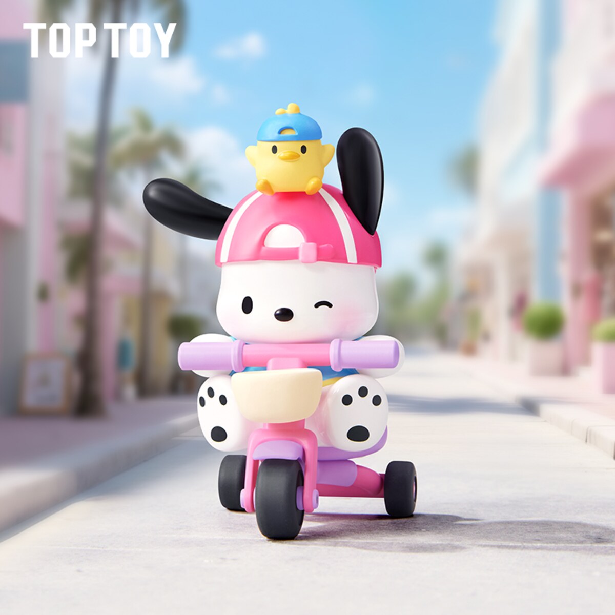 Pochacco Travel Diary Series city cycling scooter vinyl figure with duck - blind box design