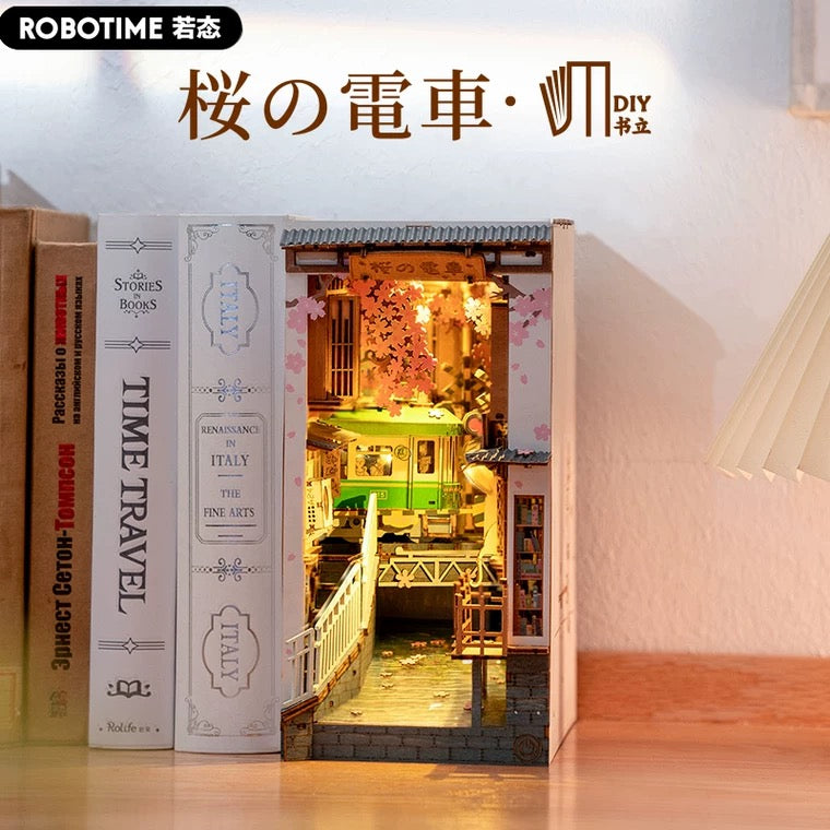 Craft Kits Wooden Booknook & Wonderland | Sakura Sping Tram Stop - DIY Handmade Mini World Miniature Gift with LED Light