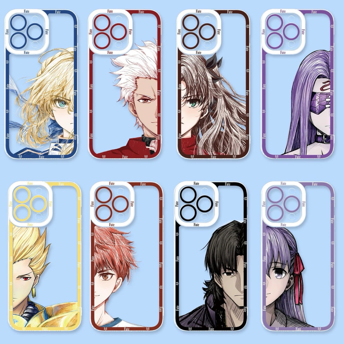 Japanese Anime Fate Stay Night Half Big Face Drawing Style | Artoria Pendragon Saber Tohsaka Rin Medusa Gilgamesh Emiya Shirou Kotomine Kirei Matou Sakura - iPhone Case PLUS SE2 XS XR X 11 12 13 14 15 16 16e 17 17e Pro Promax 12mini 13mini