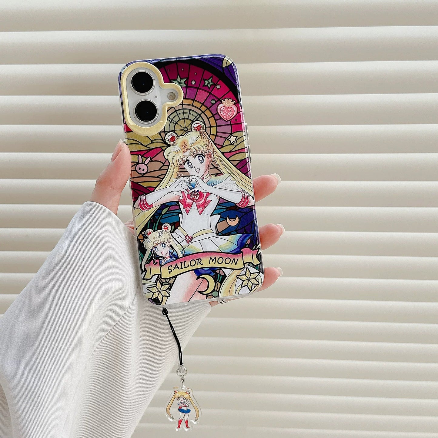 Japanese Cartoon Sailor Moon Phone Case with Strap Comic Version | Laser Glass Window Sailor Moon Mercury Mars Jupiter Venus - iPhone Case PLUS SE2 XS XR X 11 12 13 14 15 16 16e 17 17e Pro Promax 12mini 13mini