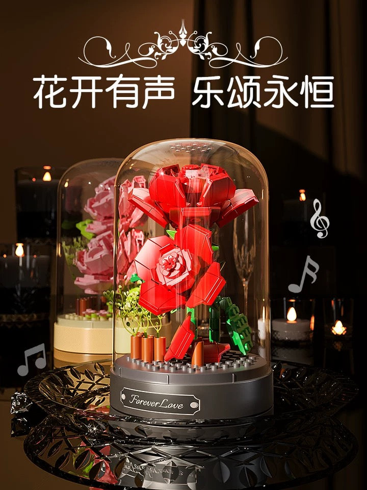 Block Building Romantic Flower Music Box | Hibiscus Rose Lily Bell Jasmine - DIY Valentine Wedding Handmade Gift