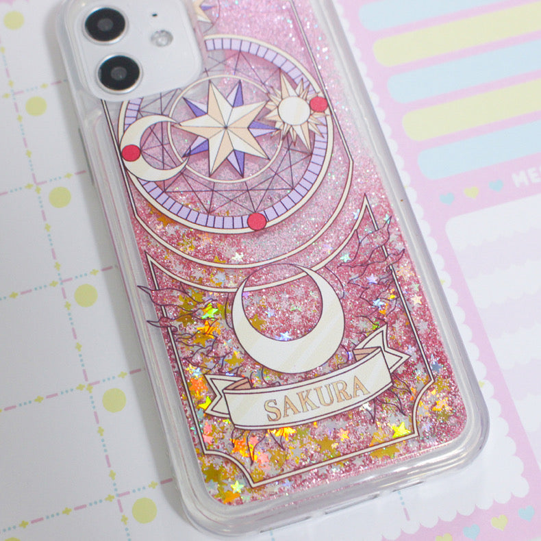 Japanese Anime CardCaptorSakura Sakura Card- Pink Heart Glitter QuickSand iPhone Case 6 7 8 PLUS SE2 XS XR X 11 12 13 14 15 16 Pro Promax 12mini 13mini KawaiiGiftLand