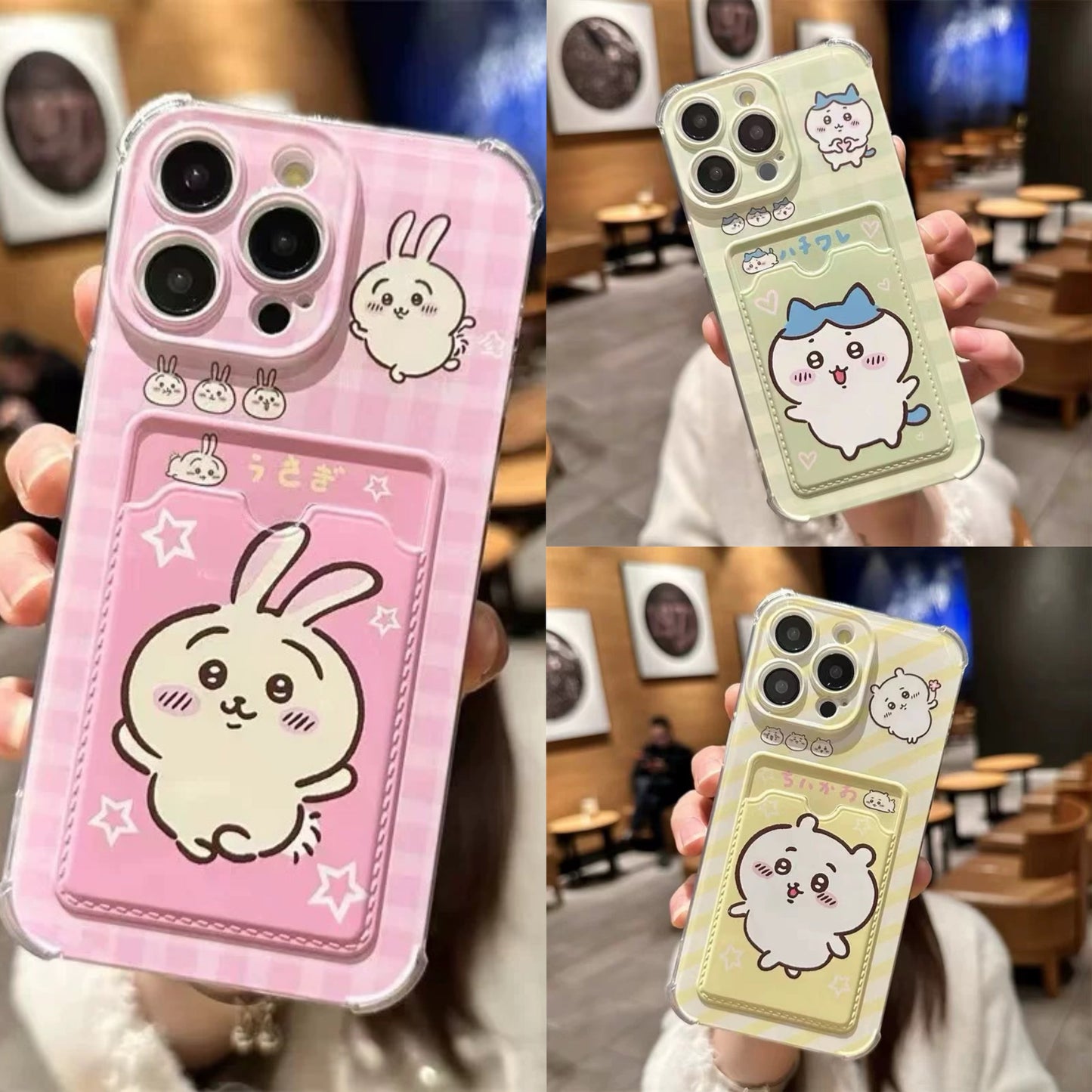 Japanese Cartoon Chiikawa | ChiiKawa Hachiware Usagi with Card Holder - iPhone Case 11 12 13 14 15 16 17 Pro Promax