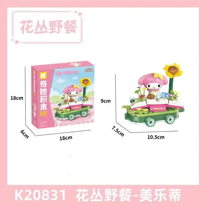 Sanrio Summer Parade of Floats | Hello Kitty My Melody Kuromi Cinnamoroll Pompompurin Pochacco - Train Car can Move Building Blocks Toy Collections KawaiiGiftLand