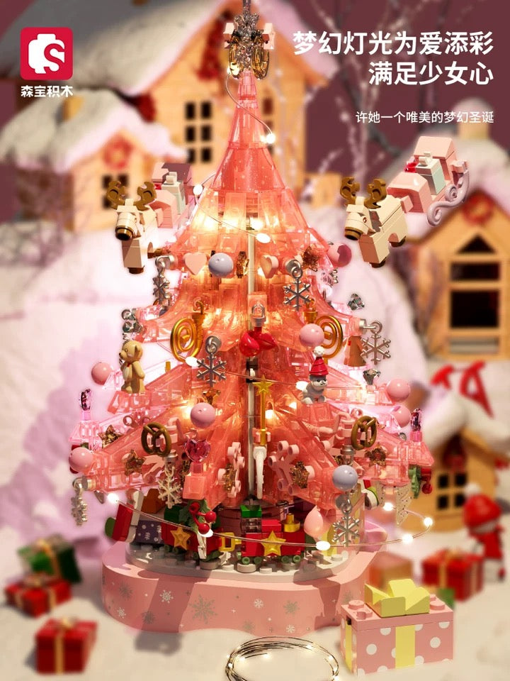 Mini Block Building Crystal Christmas Tree Music Box | Pink - DIY Handmade Xmas Gift KawaiiGiftLand
