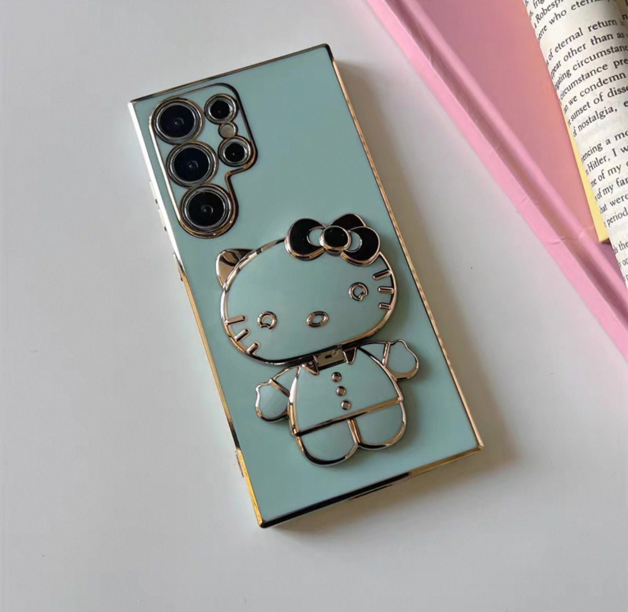 Japan Cartoon | Golden Line Hello Kitty with Phone Mirror Stand - Phone Case Samsung Galaxy S24 S23 S22 Plus Ultra KawaiiGiftLand