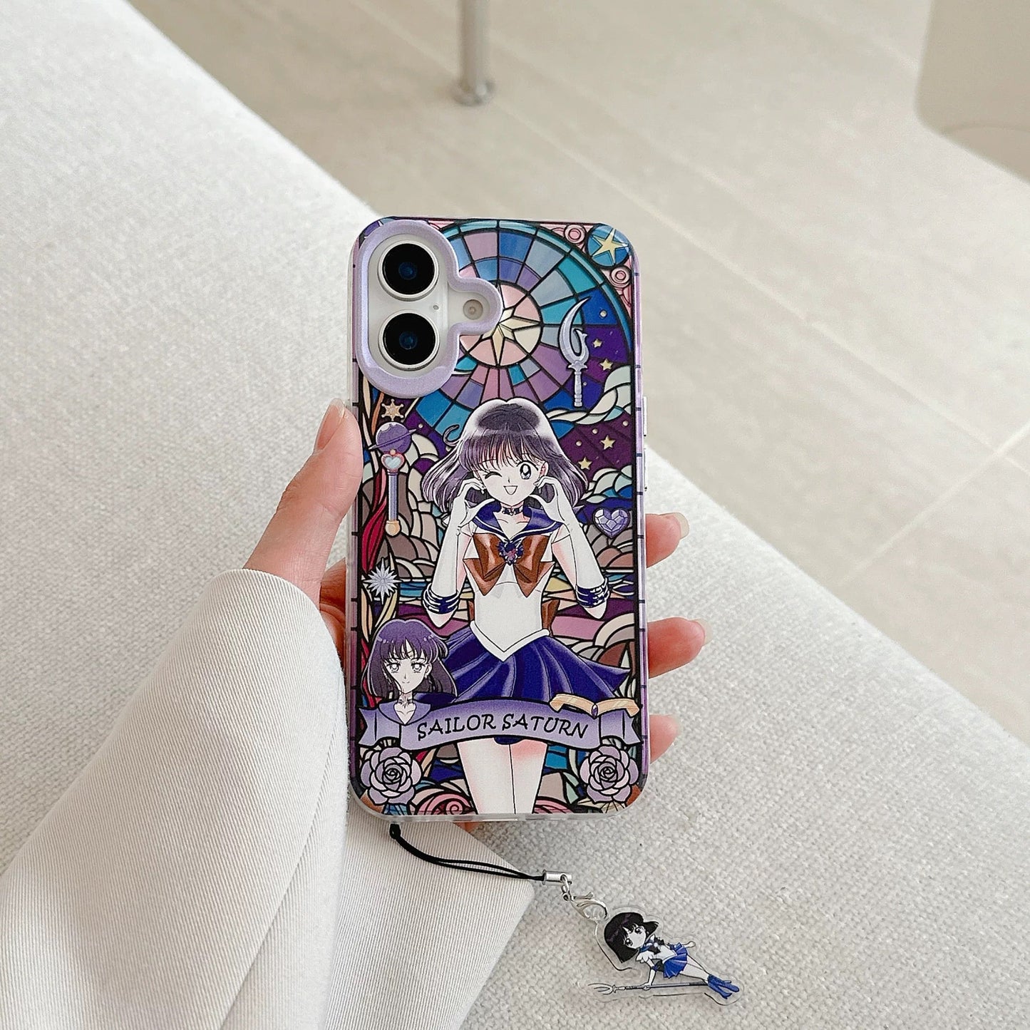 Japanese Cartoon Sailor Moon Phone Case with Strap Comic Version | Laser Glass Window Sailor Uranus Neptune Pluto Saturn Chibi Moon - Phone Case Samsung Galaxy S26 S25 S24 S23 S22 S21 FE Ultra Edge