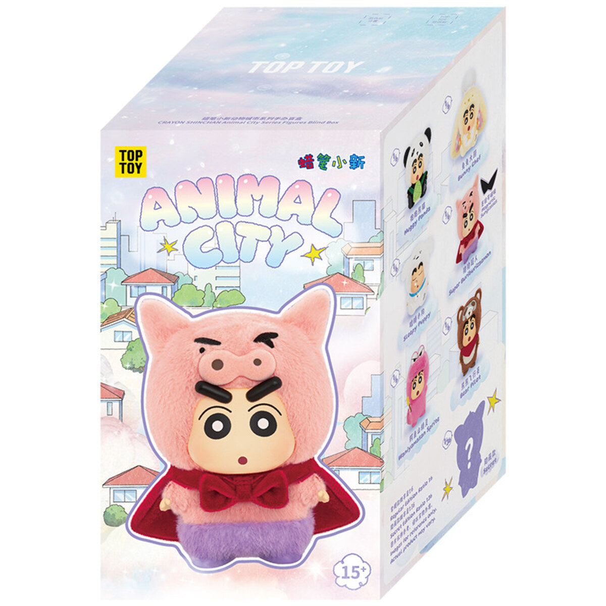 Crayon Shin-chan Animal City Series vinyl plush blind box packaging with the design lineup on the side panel