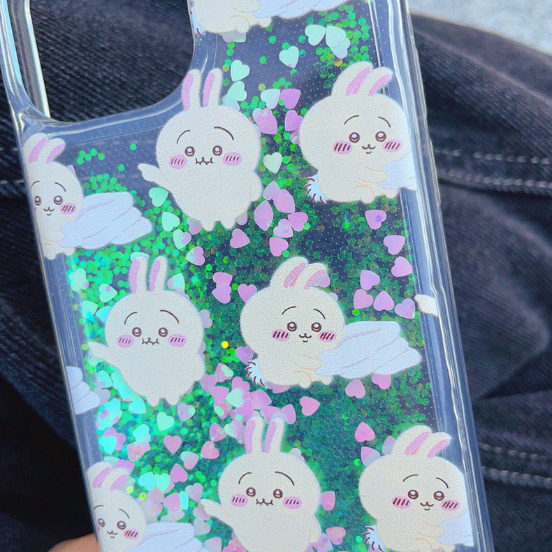 Japanese Cartoon Chiikawa Kawaii FullScreen | ChiiKawa Hachiware Usagi Glitter QuickSand iPhone Case 6 7 8 PLUS SE2 XS XR X 11 12 13 14 15 16 Pro Promax 12mini 13mini KawaiiGiftLand
