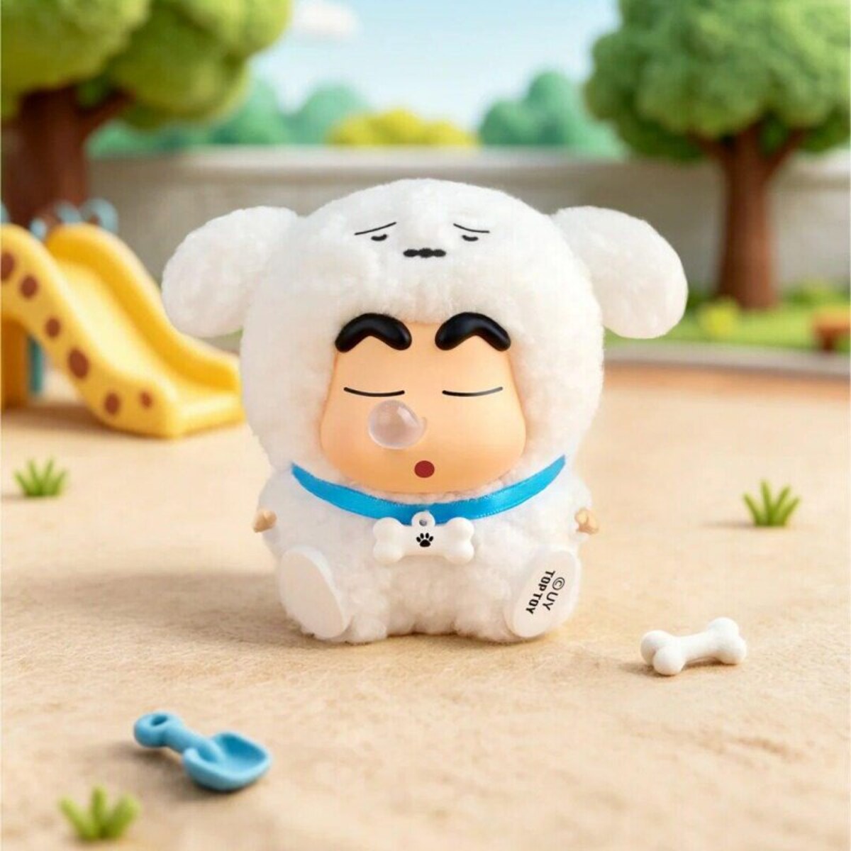 Shin-chan in a fluffy white puppy costume taking a nap with a bone collar (Sleepy Puppy)