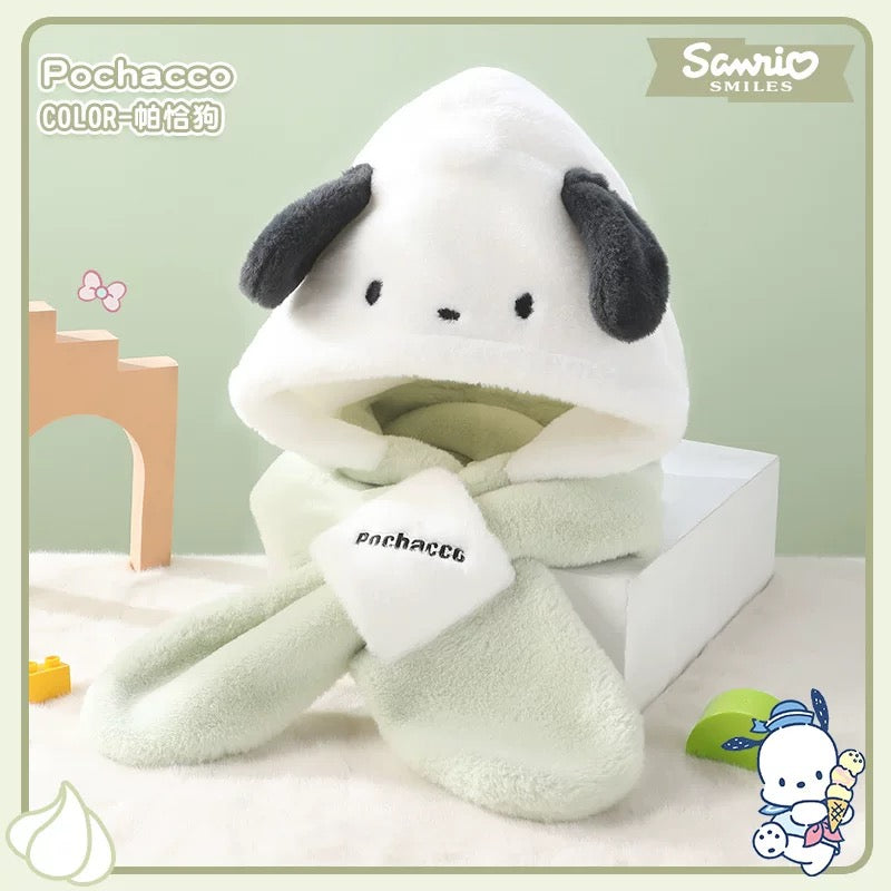 Sanrio Hat with Scarf Hat | Hello Kitty My Melody Kuromi Cinnamoroll Pochacco Hangyodon - Winter Warm Accessory Outfits KawaiiGiftLand