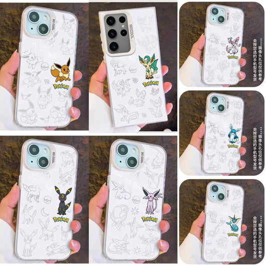 Japanese Cartoon Pokemon Matt & Silver Case Eevee Evolution | Eevee Vaporeon Espeon Umbreon Leafeon Glaceon Sylveon 7 Styles - Phone Case Samsung Galaxy S26 S25 S24 S23 S22 S21 FE Ultra Edge