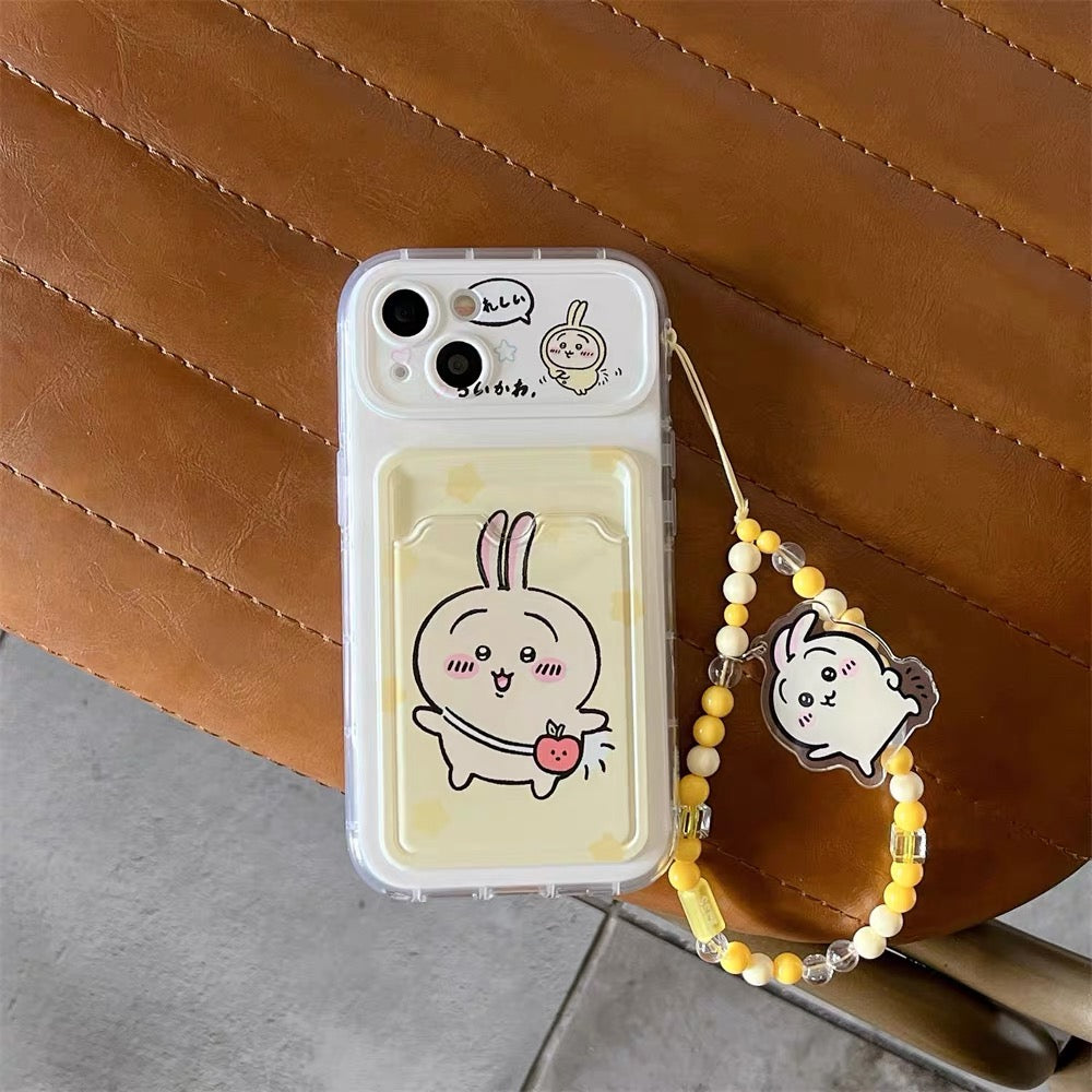 Japanese Cartoon Chiikawa | ChiiKawa Hachiware Usagi Happy Outing with Card Holder & Handle Strap - iPhone Case 11 12 13 14 15 16 17 Pro Promax