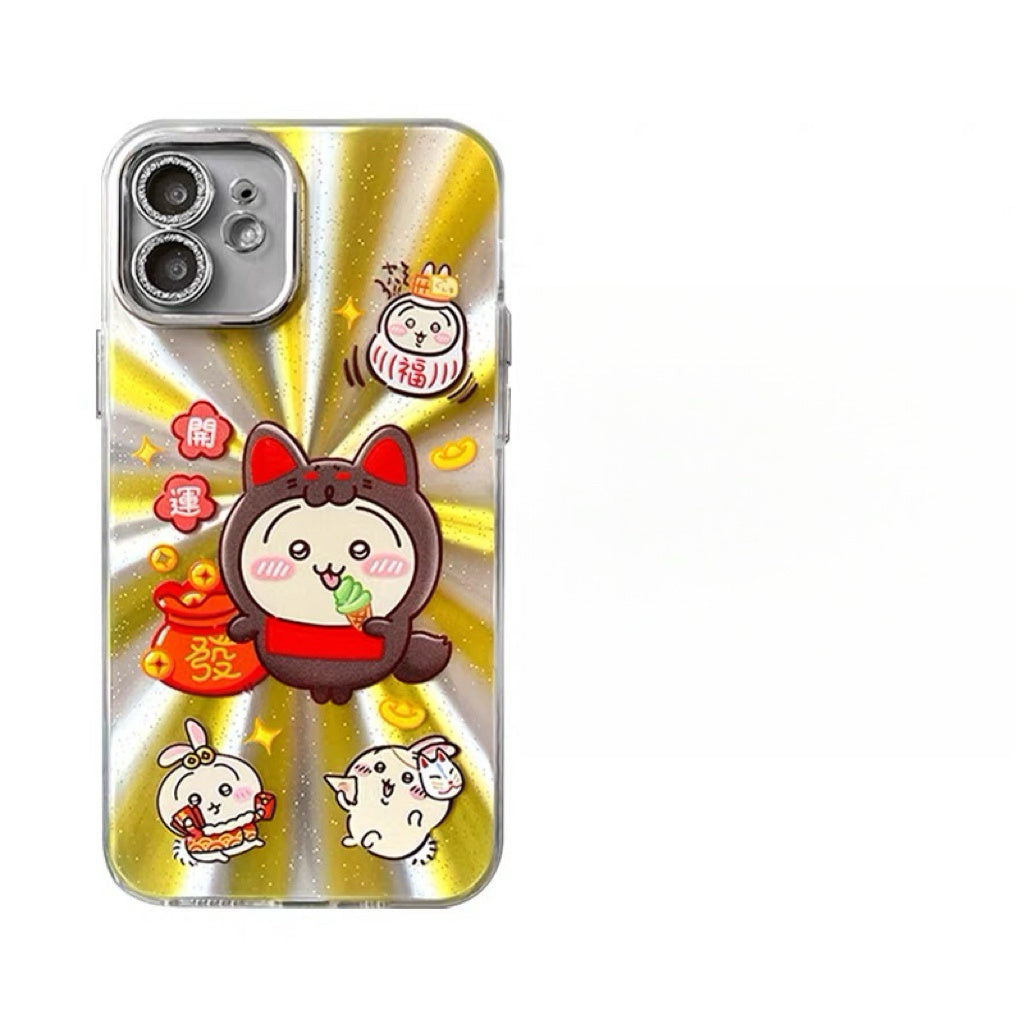 Japanese Cartoon ChiiKawa Folklore Kitsune Gold Laser Case | ChiiKawa Hachiware Usagi Momonga - iPhone Case 11 12 13 14 15 16 16e 17 17e 18 Pro Promax