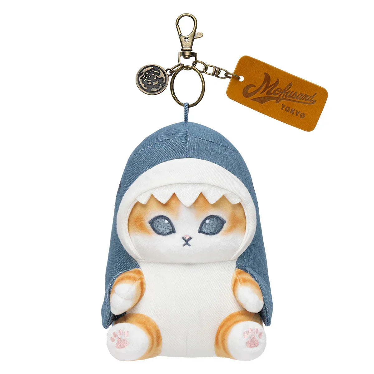 Mofusand Sea Animals Series cat plush keychain wearing a blue denim shark costume, front view