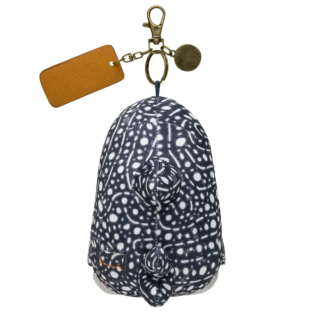 Back view of a Mofusand gray cat plush keychain in a black and white patterned shark costume