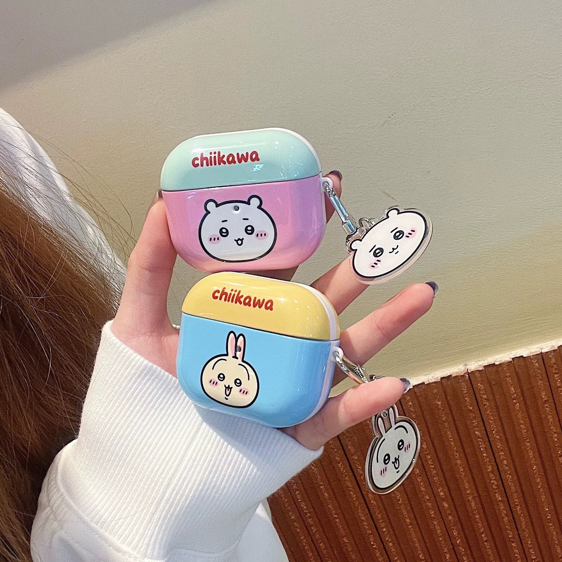 Japanese Cartoon ChiiKawa Pastel Colour | Chiikawa Hachiware Usagi Pink Blue Yellow Mint with Keychain - AirPods AirPodsPro AirPods3 AirPods4 Case KawaiiGiftLand