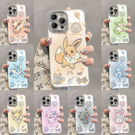 Japanese Cartoon Pokemon Case with Lens Protector Eevee Evolution Pastel Cute Version | Eevee Vaporeon Jolteon Flareon Espeon Umbreon Leafeon Glaceon Sylveon 9 Styles - iPhone Case PLUS SE2 XS XR X 11 12 13 14 15 16 16e 17 17e Pro Promax 