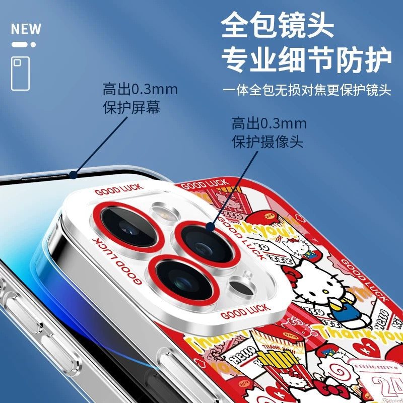 Japanese Cartoon Sanrio Friends with Foods Full Screen | Hello Kitty My Melody Kuromi Cinnamoroll Pompompurin Pochacco Hangyodon Keroppi - iPhone Case 7 8 PLUS SE2 XS XR X 11 12 13 14 15 16 16e 17 17e Pro Promax 12mini 13mini