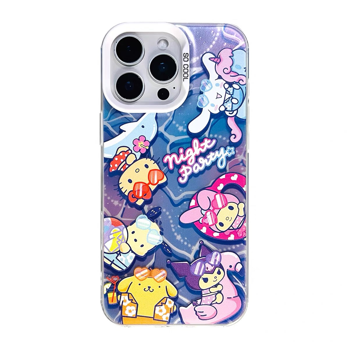 Japanese Cartoon Sanrio Summer Night Party Laser Case | Hello Kitty My Melody Kuromi Cinnamoroll Pompompurin Pochacco - iPhone Case 11 12 13 14 15 16 16e 17 17e 18 Pro Promax