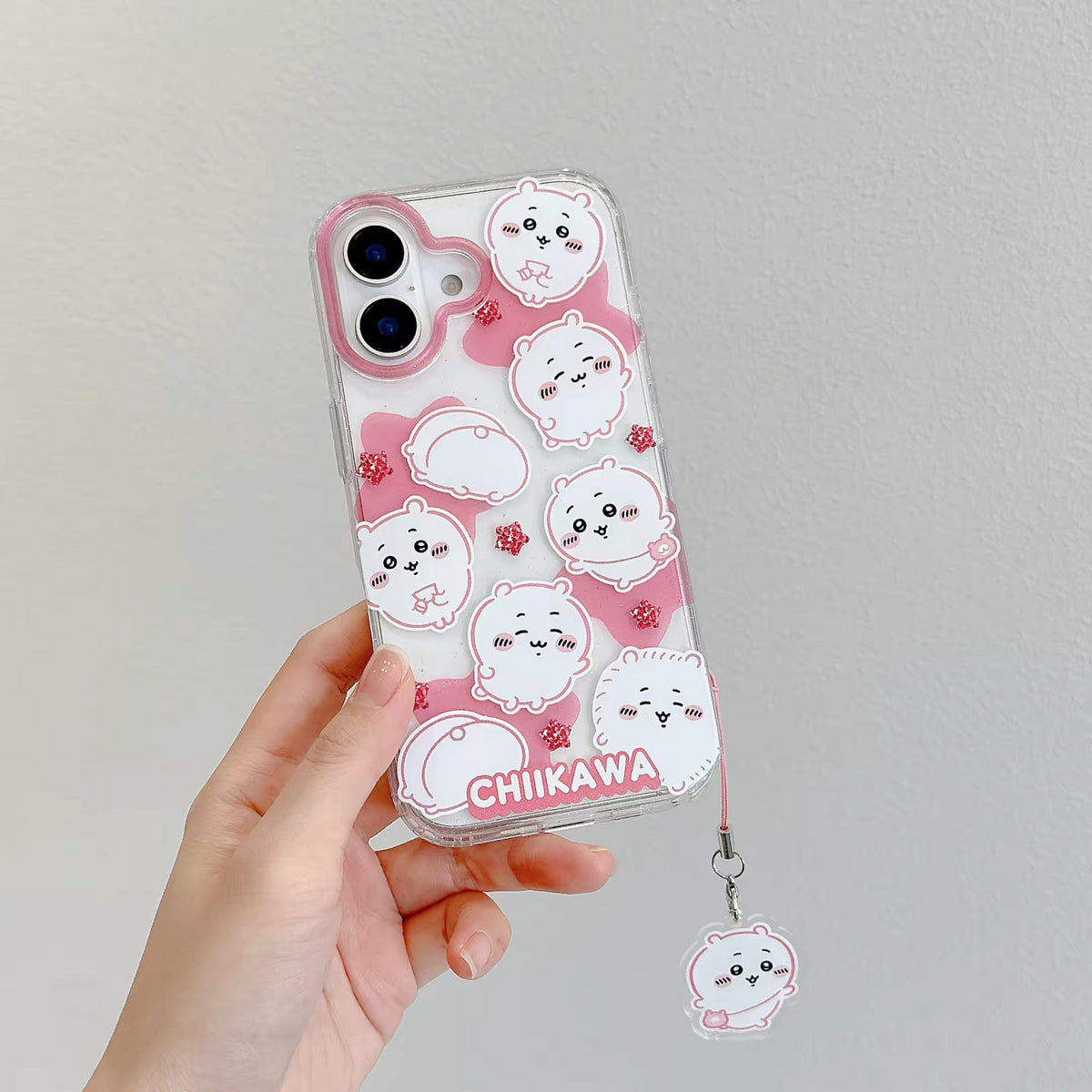 Japanese Cartoon ChiiKawa Gittler Colour Clear Case with Phone Strap | Full Emo Chiikawa Hachiware Usagi Momonga - iPhone Case Plus SE2 11 12 13 14 15 16 16e 17 17e 18 Pro Promax 12mini 13mini