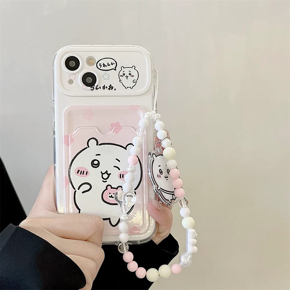 Japanese Cartoon Chiikawa | ChiiKawa Hachiware Usagi Happy Outing with Card Holder & Handle Strap - iPhone Case 11 12 13 14 15 16 17 Pro Promax