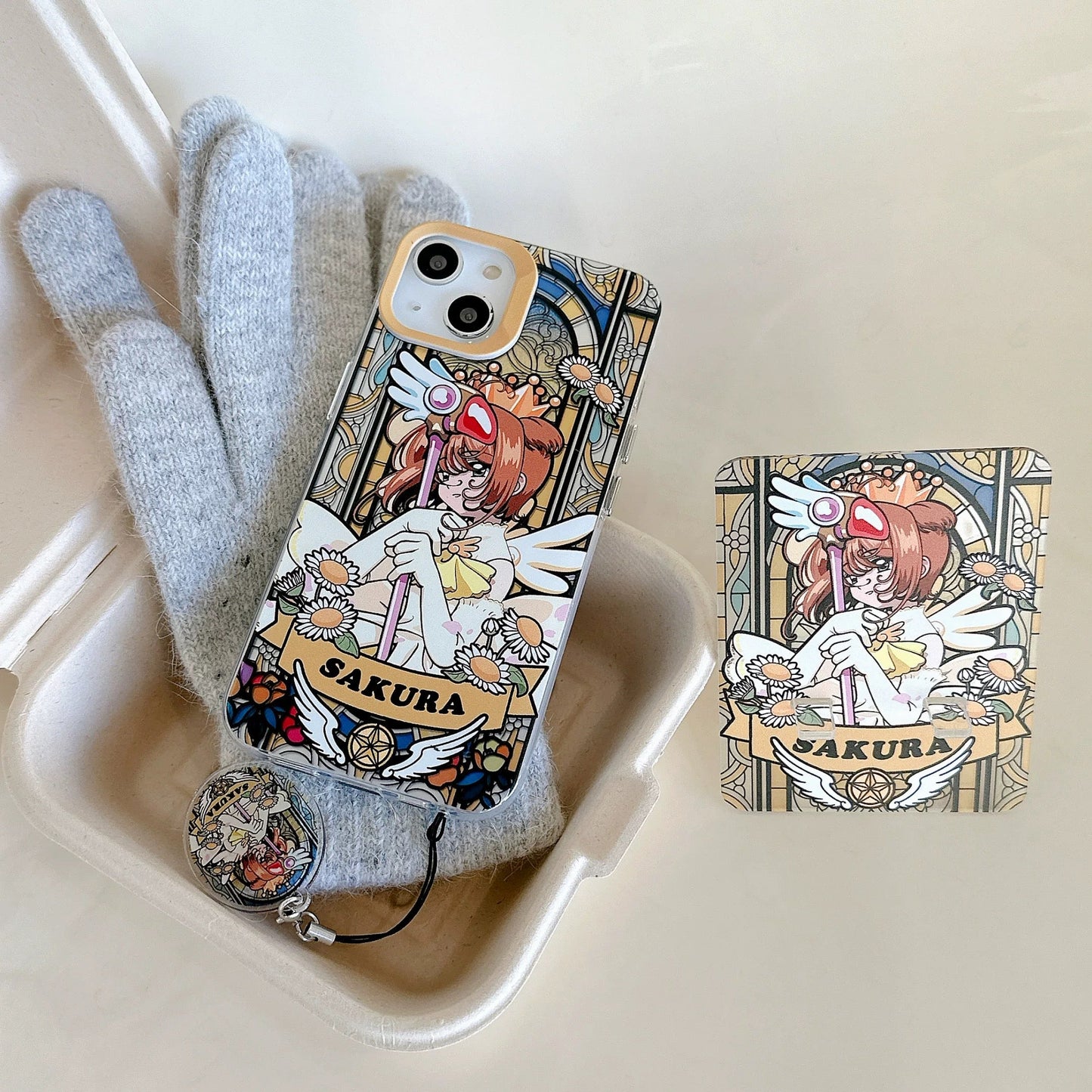 Japanese Cartoon CardCaptorSakura Glass Window Version with Strap & Stand | Red Blue Yellow - iPhone Case 6 7 8 PLUS SE2 XS XR X 11 12 13 14 15 Pro Promax 12mini 13mini KawaiiGiftLand