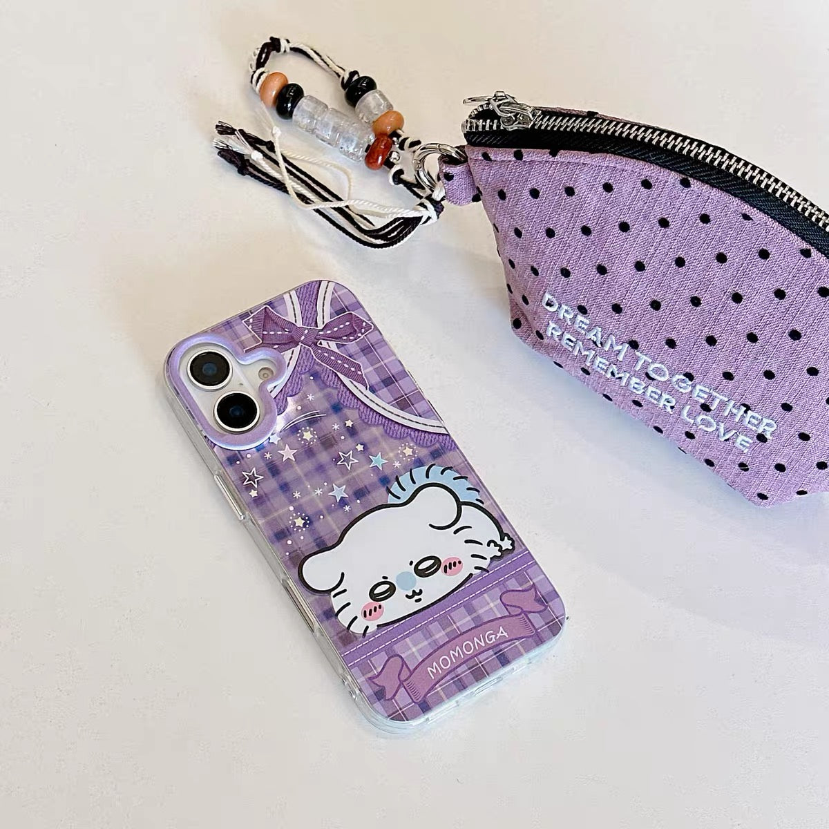 Japanese Cartoon ChiiKawa Laying with Lace Ribbon Laser Case | Chiikawa Hachiware Usagi Momonga - iPhone Case Plus SE2 11 12 13 14 15 16 16e 17 17e 18 Pro Promax 12mini 13mini