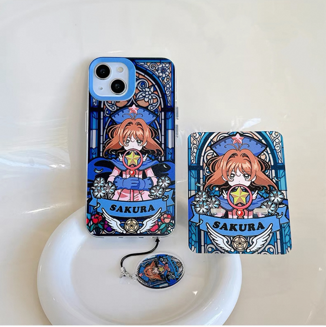 Japanese Cartoon CardCaptorSakura Glass Window Version with Strap & Stand | Red Blue Yellow - iPhone Case 6 7 8 PLUS SE2 XS XR X 11 12 13 14 15 Pro Promax 12mini 13mini KawaiiGiftLand