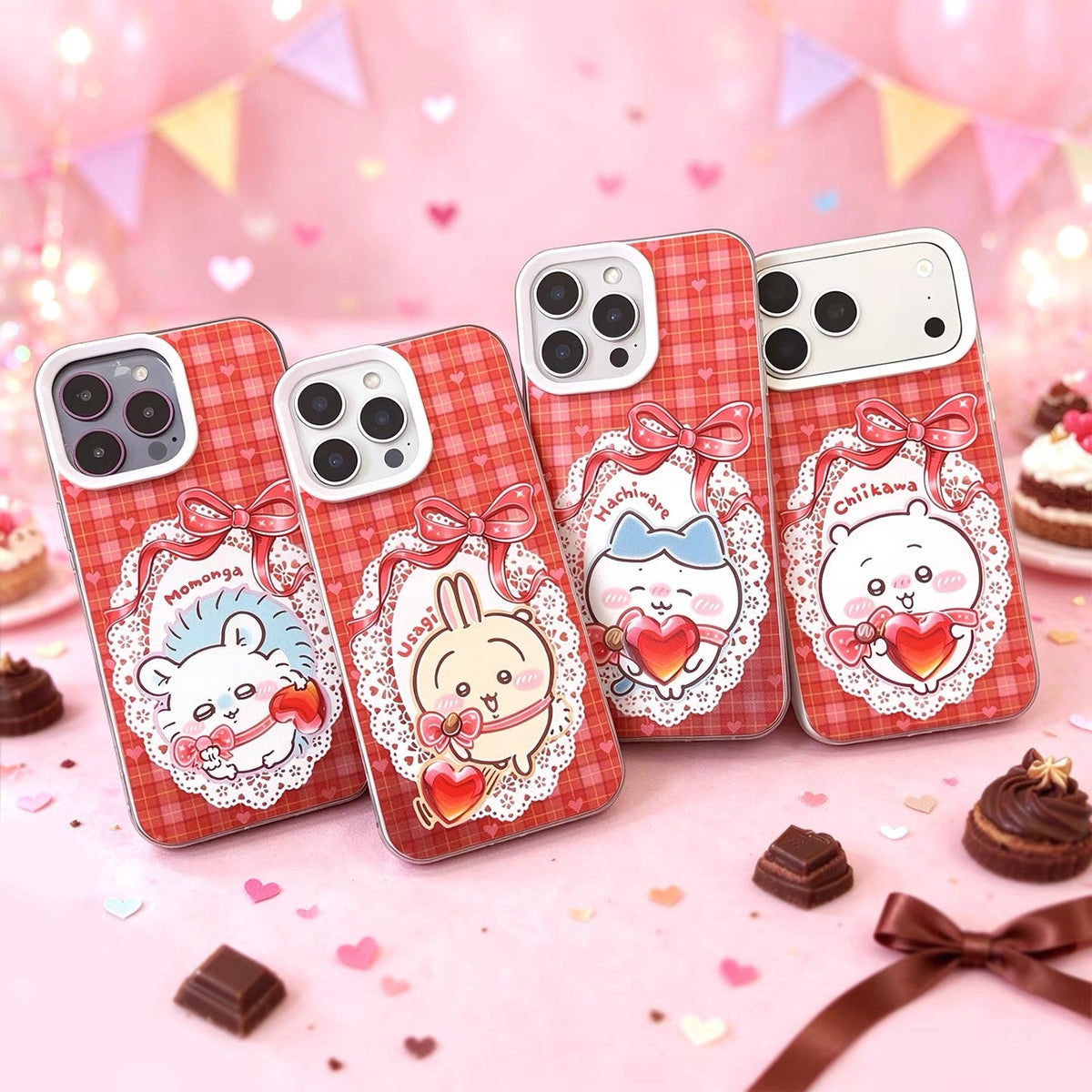 Japanese Cartoon ChiiKawa with Heart Chocolate Laser Case | Chiikawa Hachiware Usagi Momonga 4 Styles - Phone Case Samsung Galaxy S26 S25 S24 S23 S22 S21 FE Ultra Edge