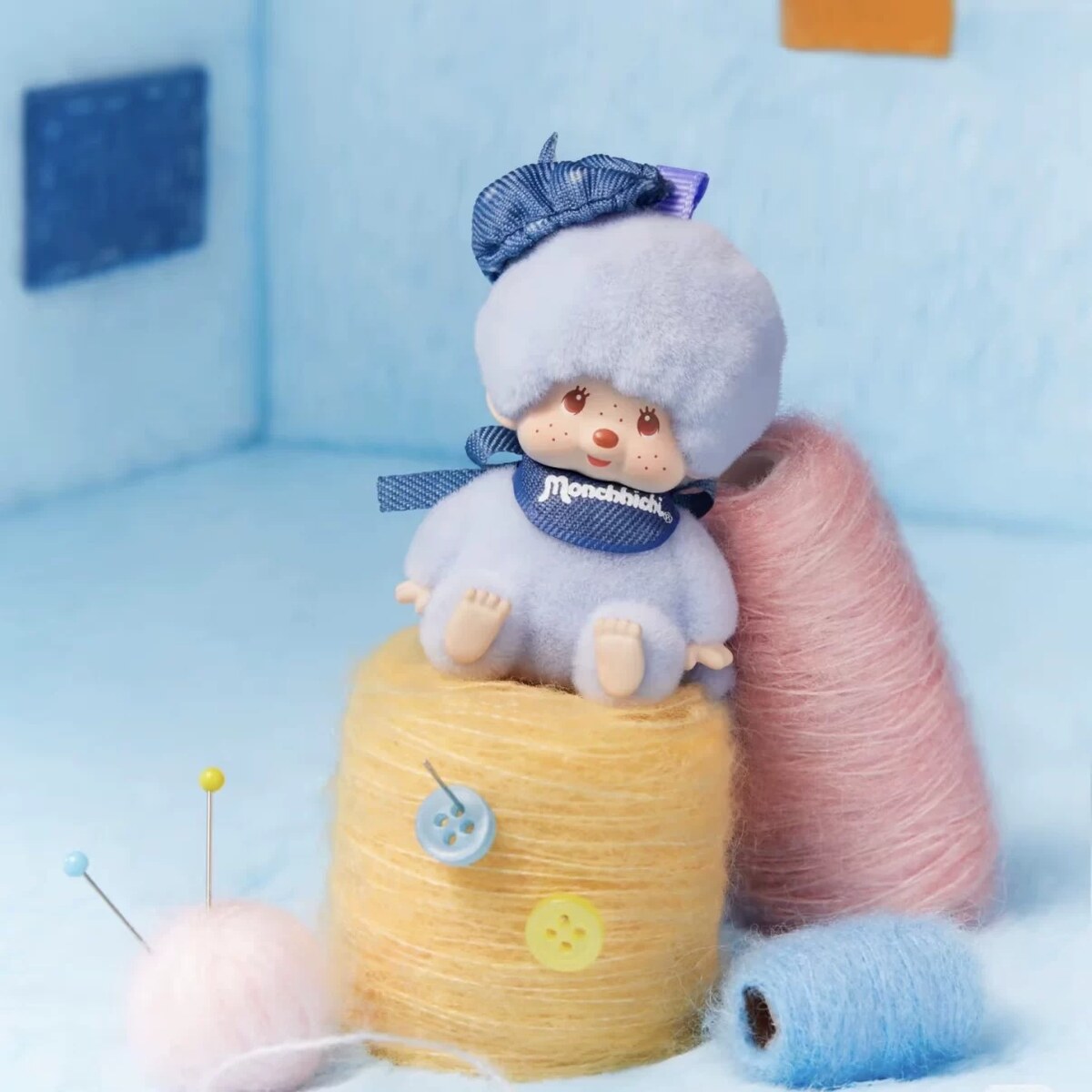 Monchhichi Macarons blind box plush pendant Denim Blue design with denim bow and bib