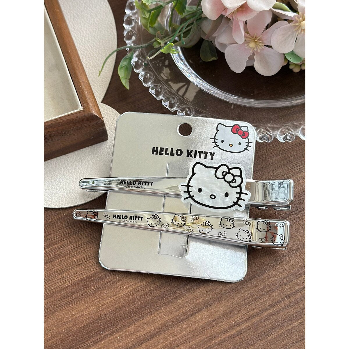 Sanrio Hello Kitty extra large silver bar hair clips on the official Hello Kitty backing card - genuine licensed hair accessories