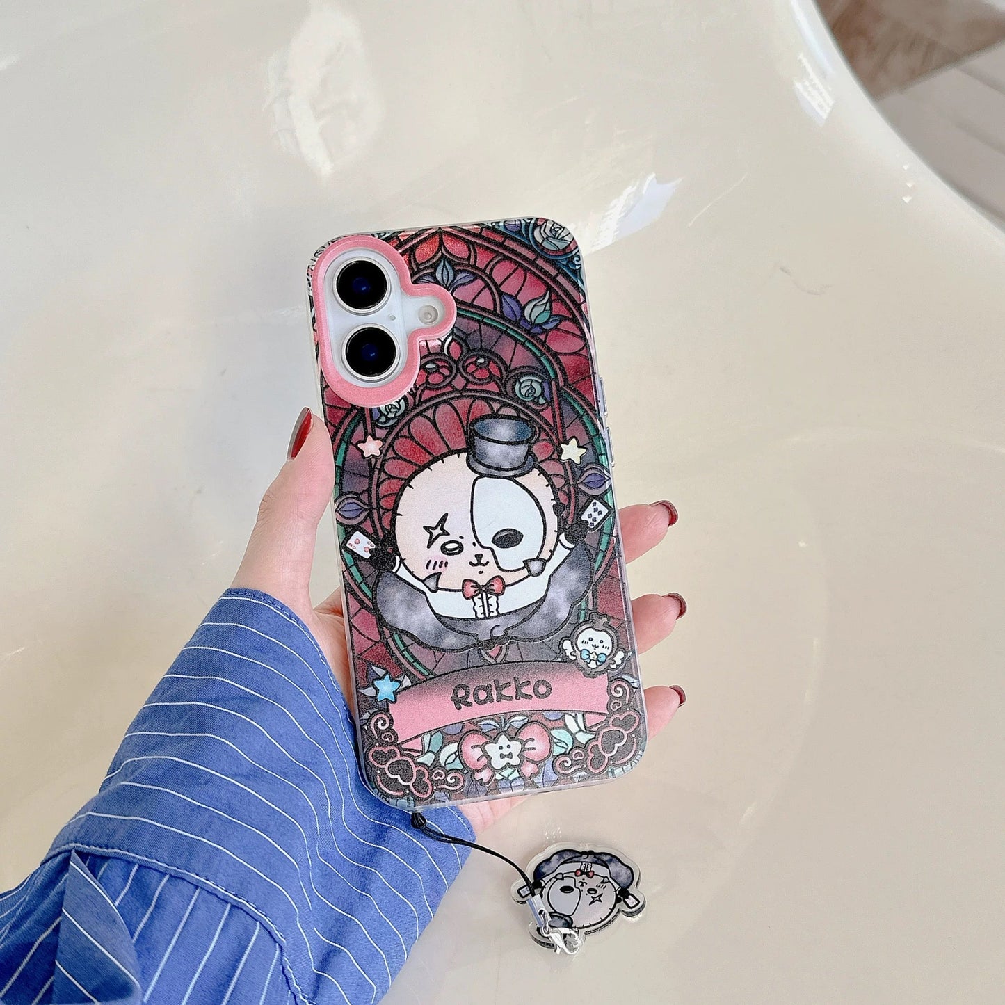 Japanese Cartoon iPhone Case with Strap | Laser Magical Girl with Glass Window Kurimanju Rakko Shisa Furuhonya Magic - iPhone Case 7 8 PLUS SE2 XS XR X 11 12 13 14 15 Pro Promax 12mini 13mini KawaiiGiftLand
