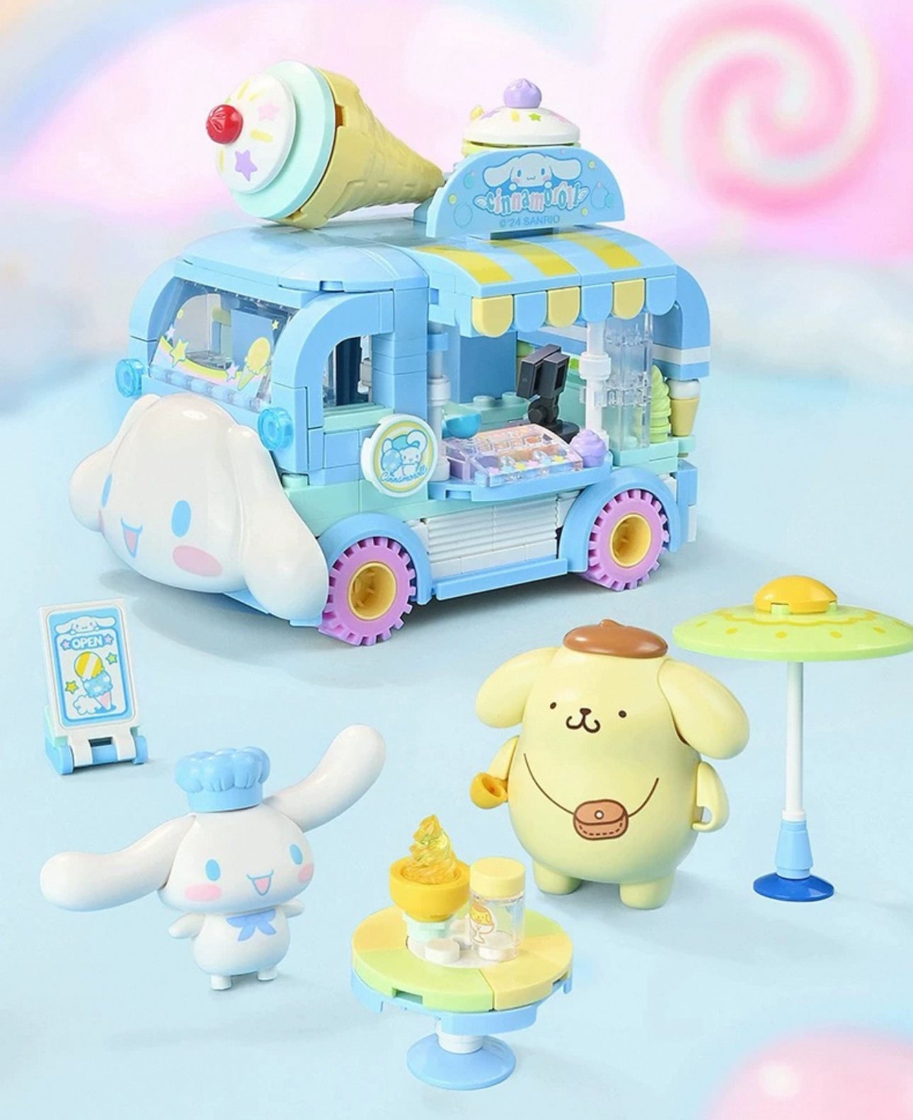 Sanrio Food Truck Series | Cinnamoroll Ice Cream Car with Cinnamoroll Pompompurin - Moveable Car Building Blocks Toy Collections