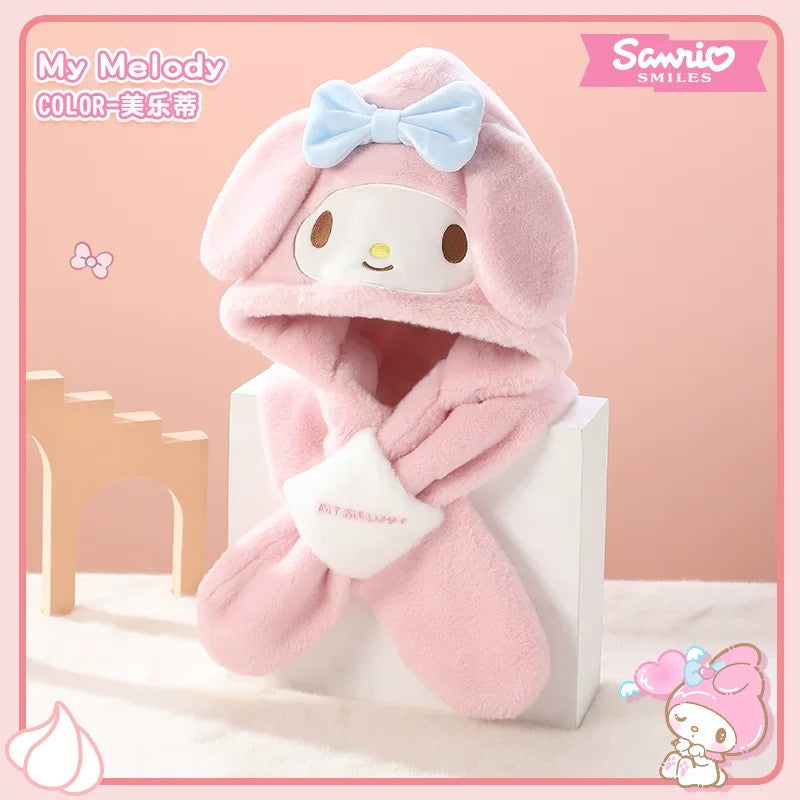 Sanrio Hat with Scarf Hat | Hello Kitty My Melody Kuromi Cinnamoroll Pochacco Hangyodon - Winter Warm Accessory Outfits KawaiiGiftLand
